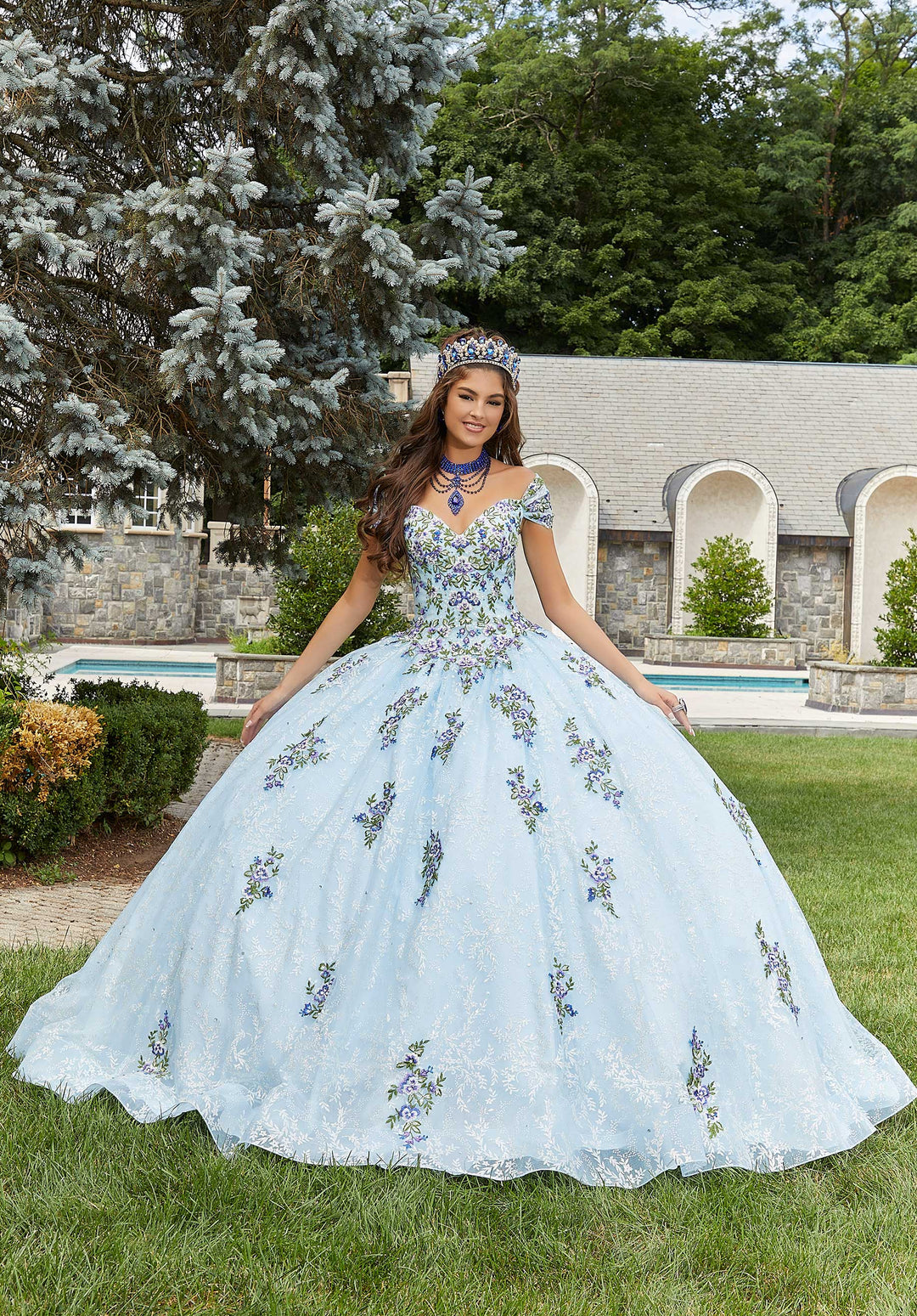 MORILEE #89405 Light Blue Contrasting Floral Embroidered Quinceañera Dress