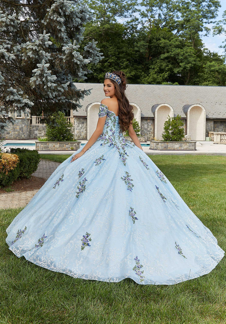 MORILEE #89405 Light Blue Contrasting Floral Embroidered Quinceañera Dress