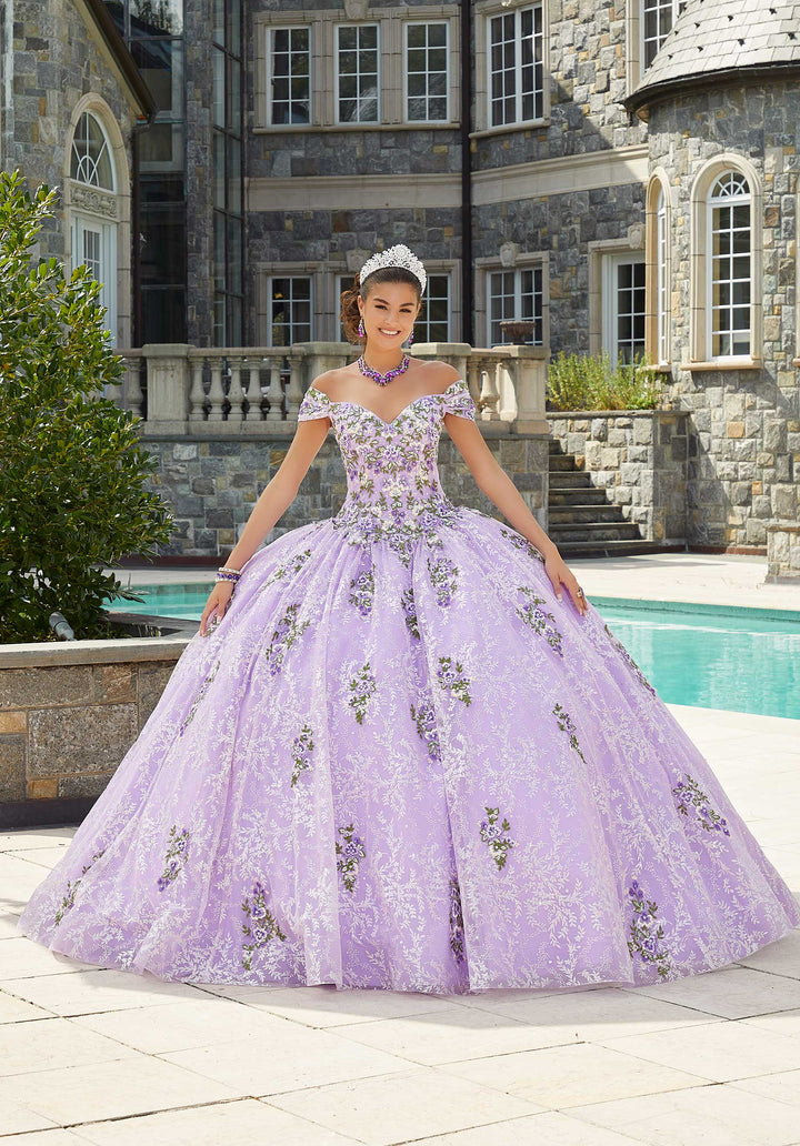 MORILEE #89405 Orchid Contrasting Floral Embroidered Quinceañera Dress