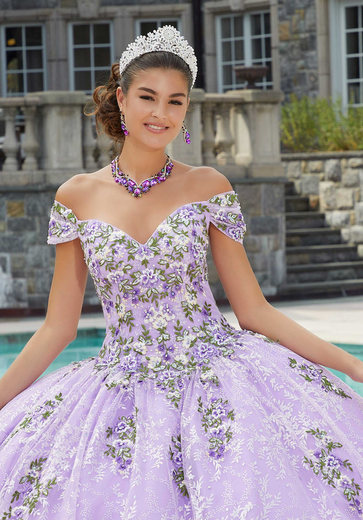 MORILEE #89405 Orchid Contrasting Floral Embroidered Quinceañera Dress