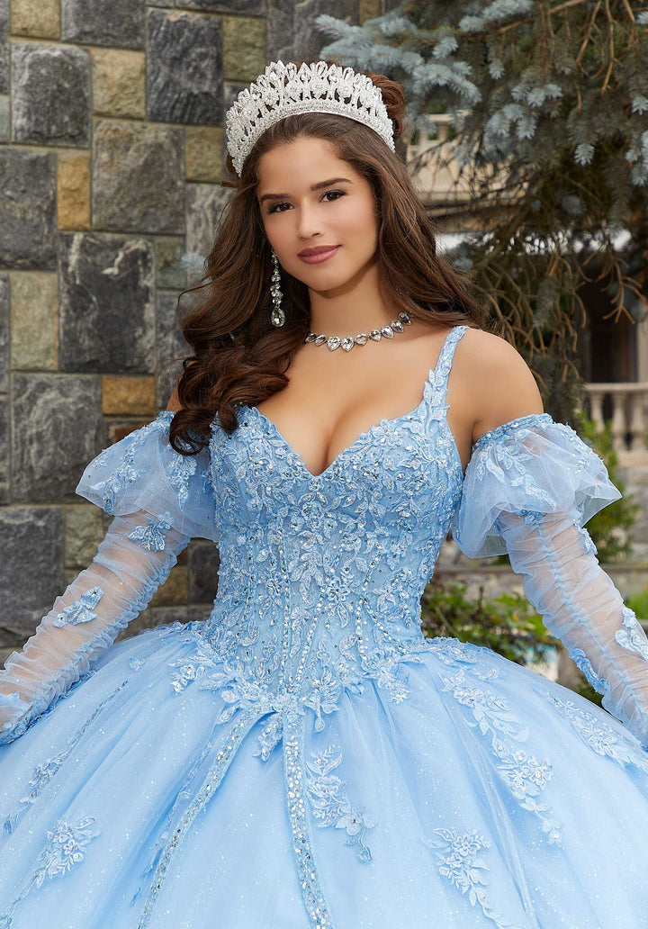 MORILEE #89407 Bahama Blue Lace and Princess Tulle Quinceañera Dress