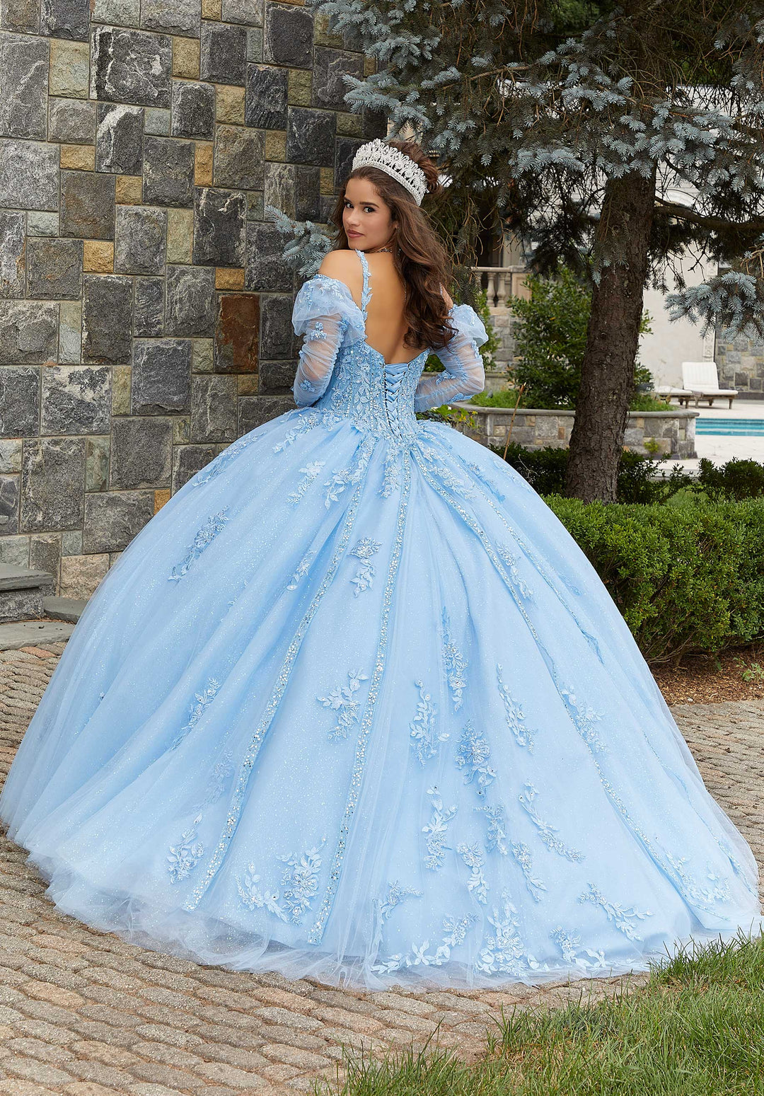 MORILEE #89407 Bahama Blue Lace and Princess Tulle Quinceañera Dress