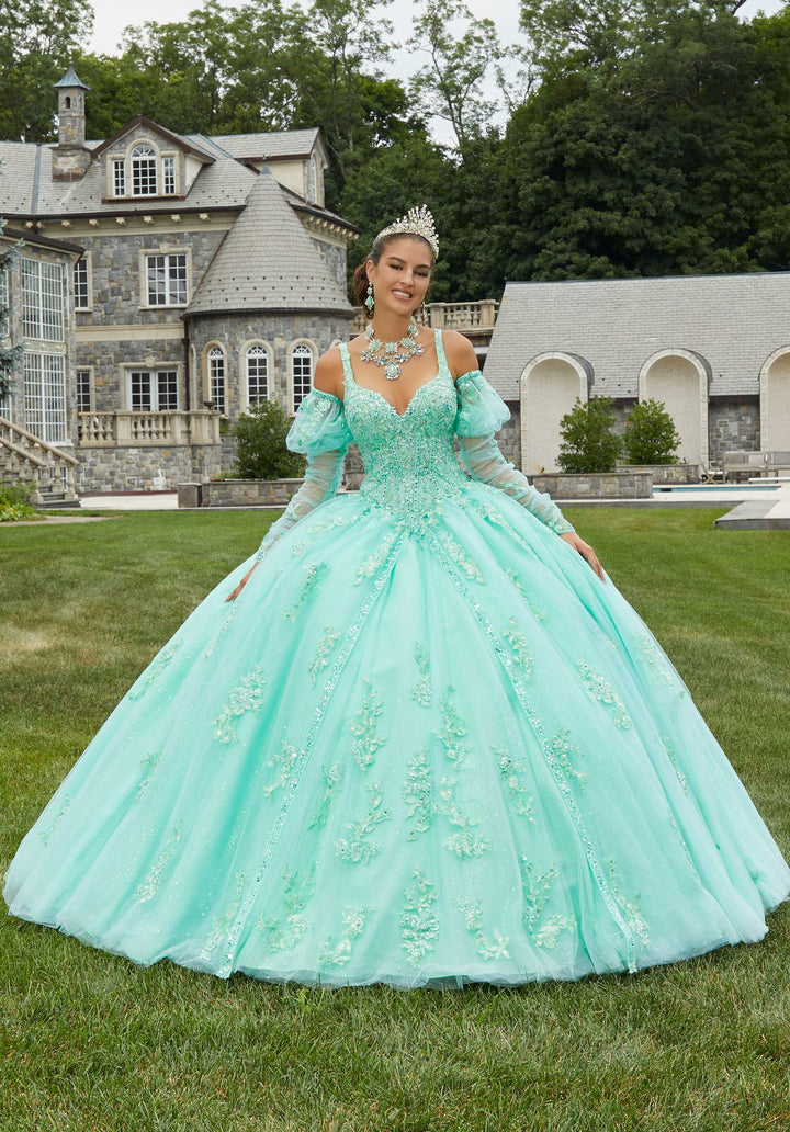 MORILEE #89407 Bright Mint Lace and Princess Tulle Quinceañera Dress