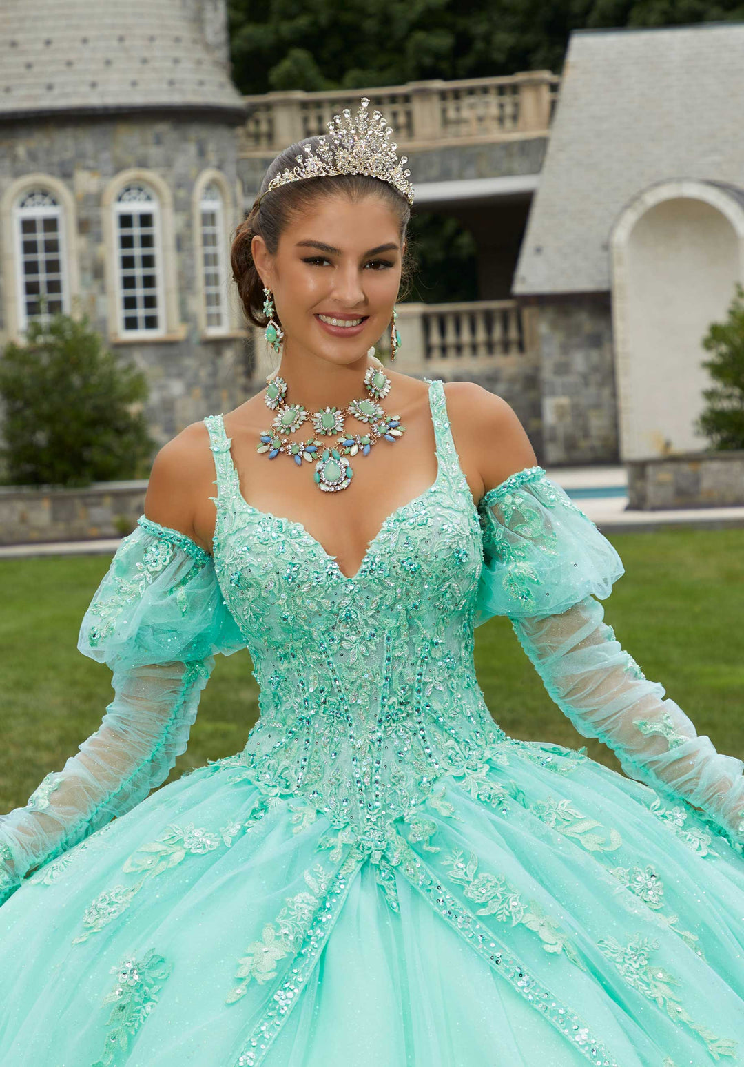 MORILEE #89407 Bright Mint Lace and Princess Tulle Quinceañera Dress