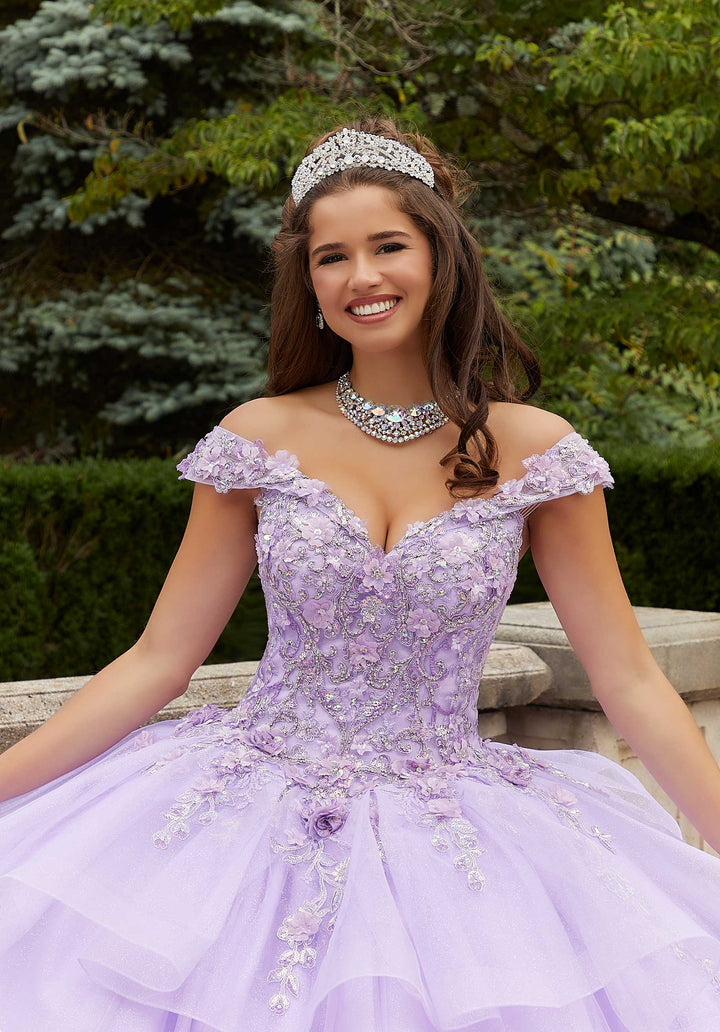 morilee #89409 Light Purple Three-Dimensional Floral Quinceañera Dress with Flounced Overskirt
