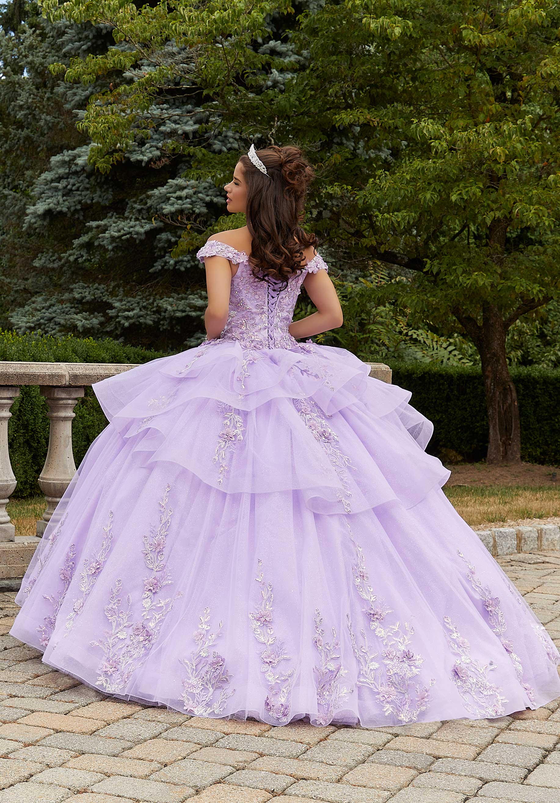 morilee 89409 Light Purple Three Dimensional Floral Quinceanera Dress with Flounced Overskirt