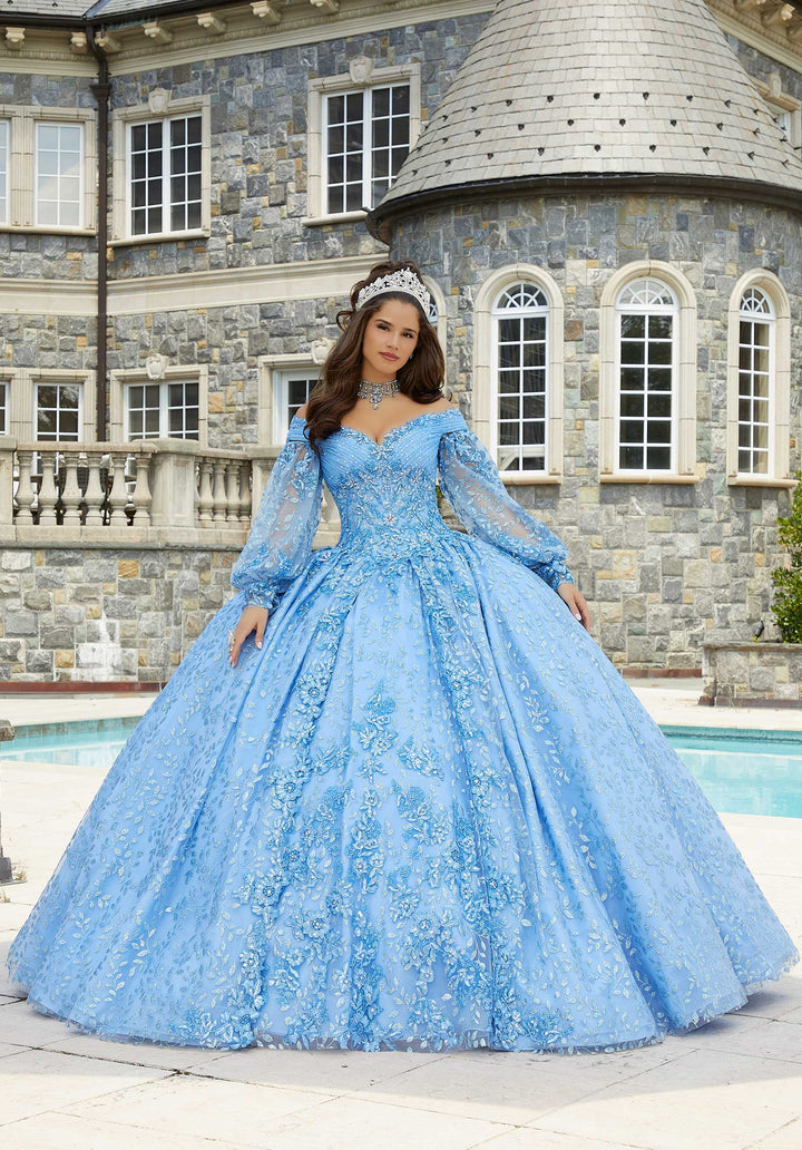 Morilee #89411 French Blue Patterned Glitter Tulle Quinceañera dress with Bishop Sleeves
