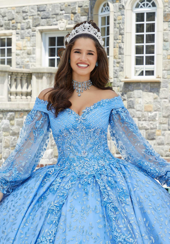 Morilee #89411 French Blue Patterned Glitter Tulle Quinceañera dress with Bishop Sleeves