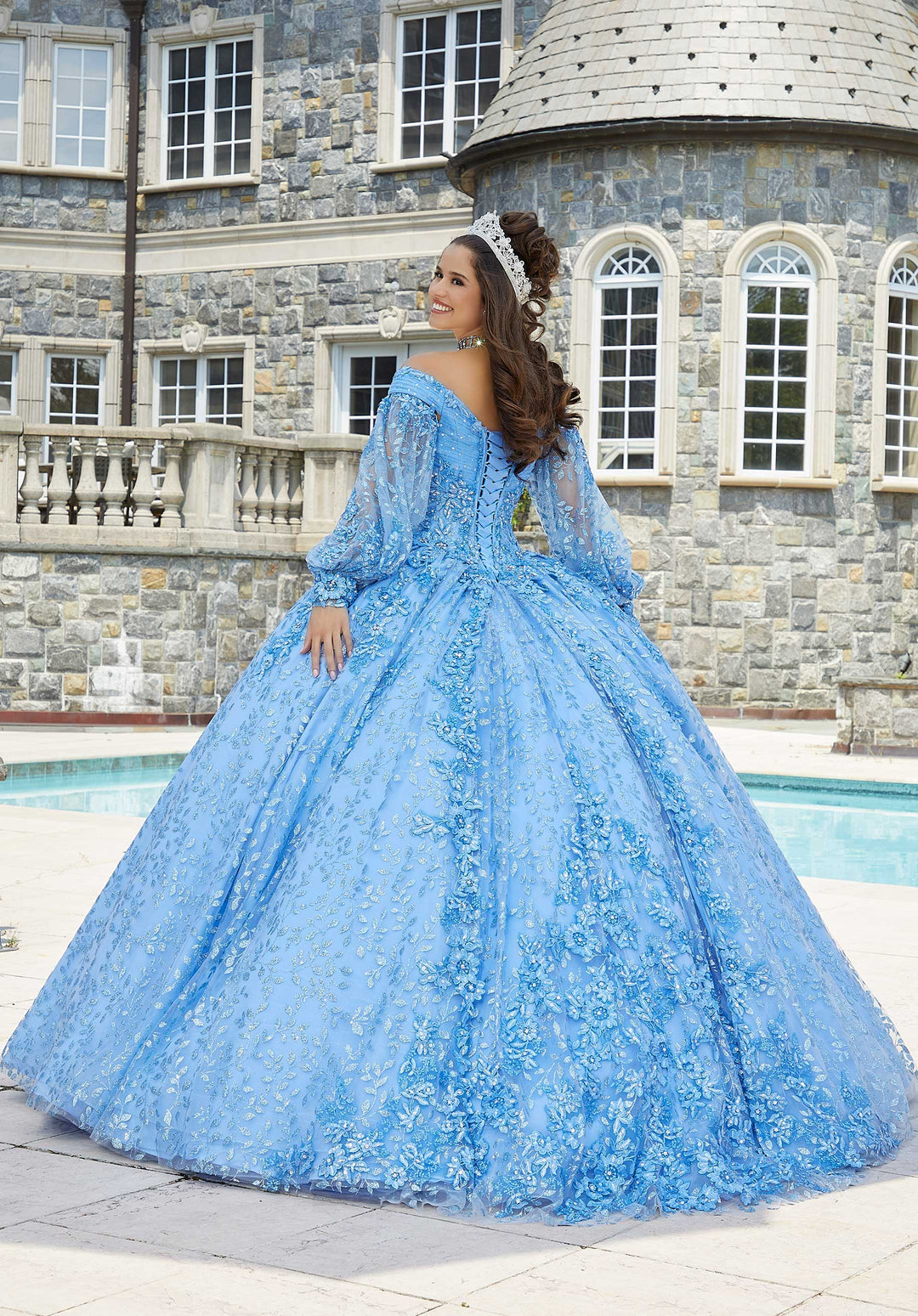 Morilee #89411 French Blue Patterned Glitter Tulle Quinceañera dress with Bishop Sleeves