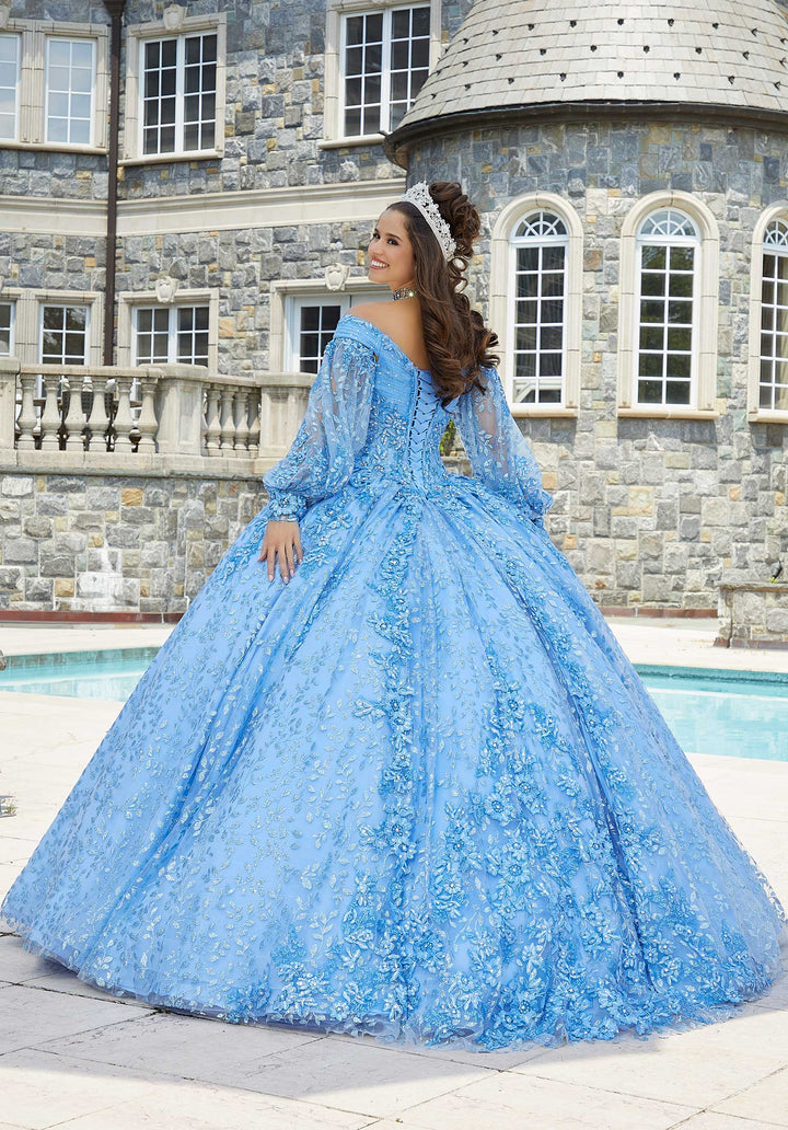 Morilee #89411 French Blue Patterned Glitter Tulle Quinceañera dress with Bishop Sleeves