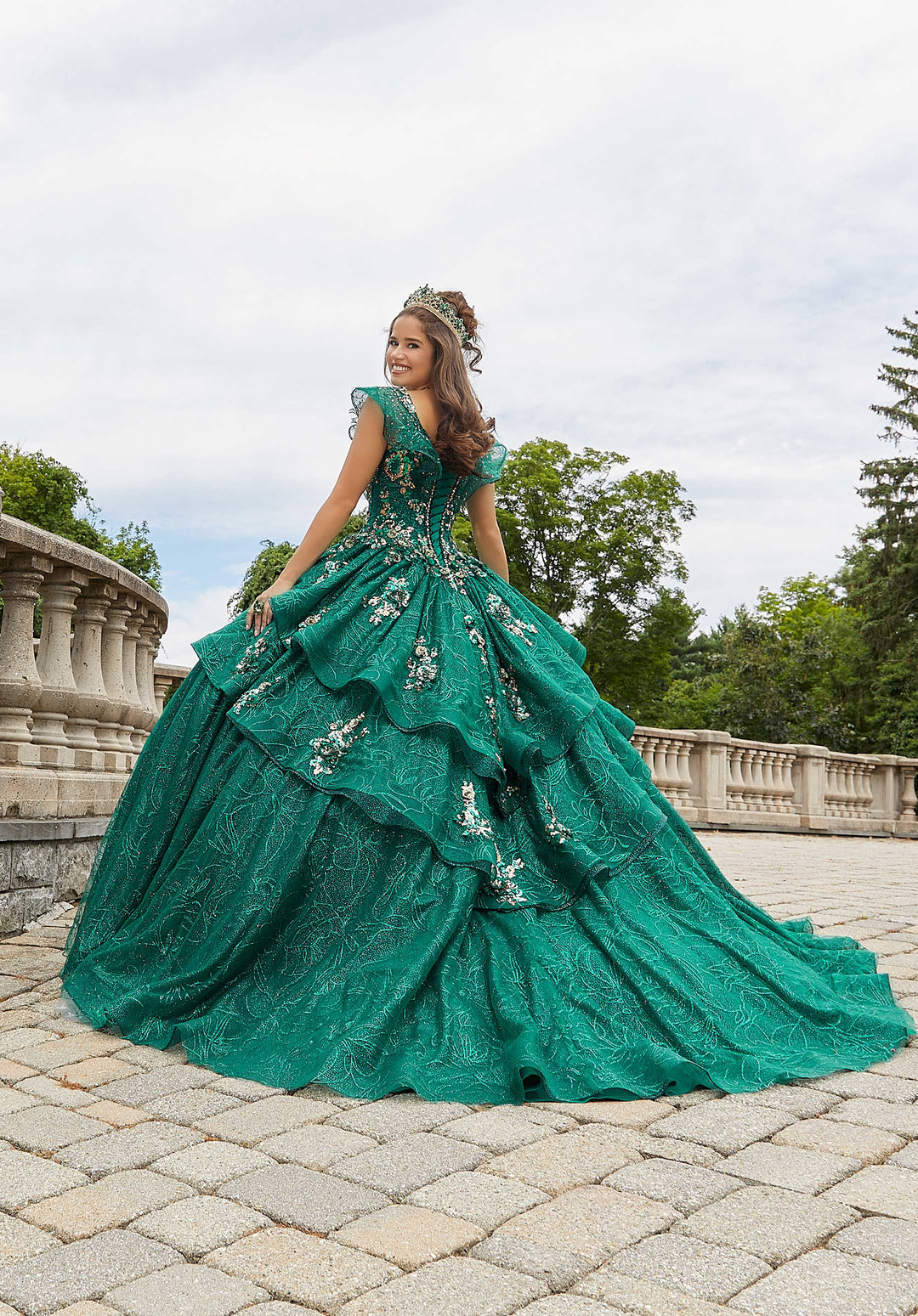 Morilee #89412 Emerald/Gold Contrasting Three-Dimensional Appliquéd Quinceañera Dress