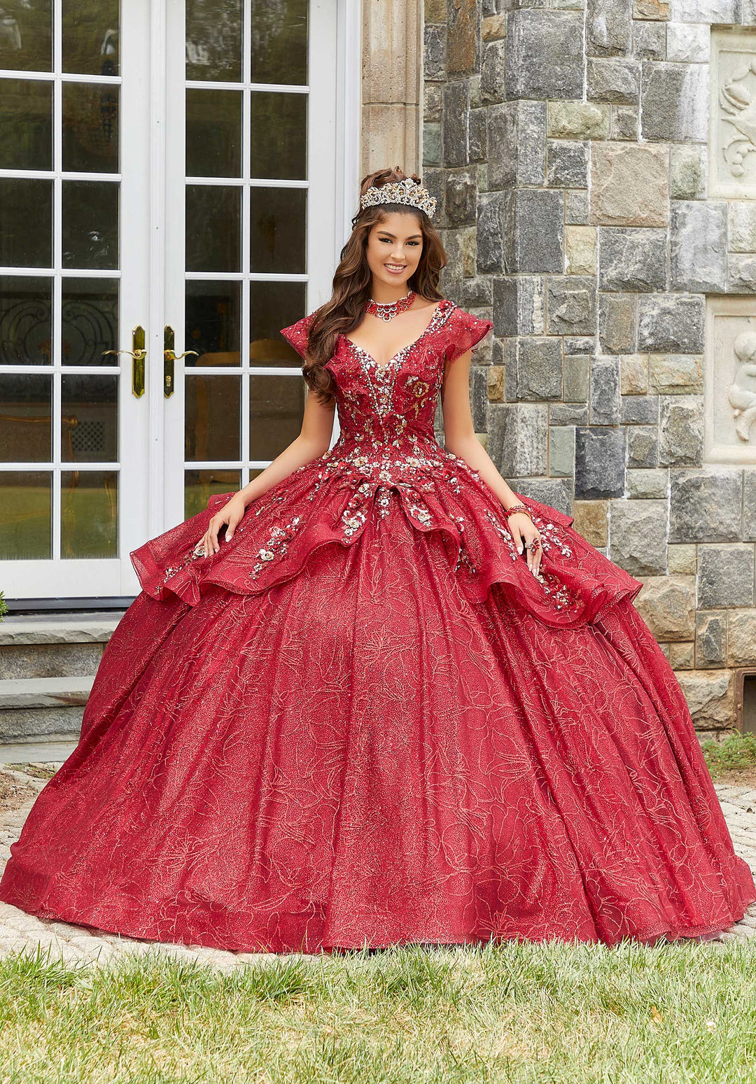 Morilee #89412 Red/Gold Contrasting Three-Dimensional Appliquéd Quinceañera Dress