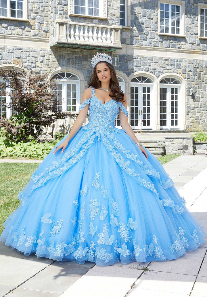 Morilee #89414 French Blue Metallic Embroidered Quinceañera Dress with Three-Dimensional Butterflies