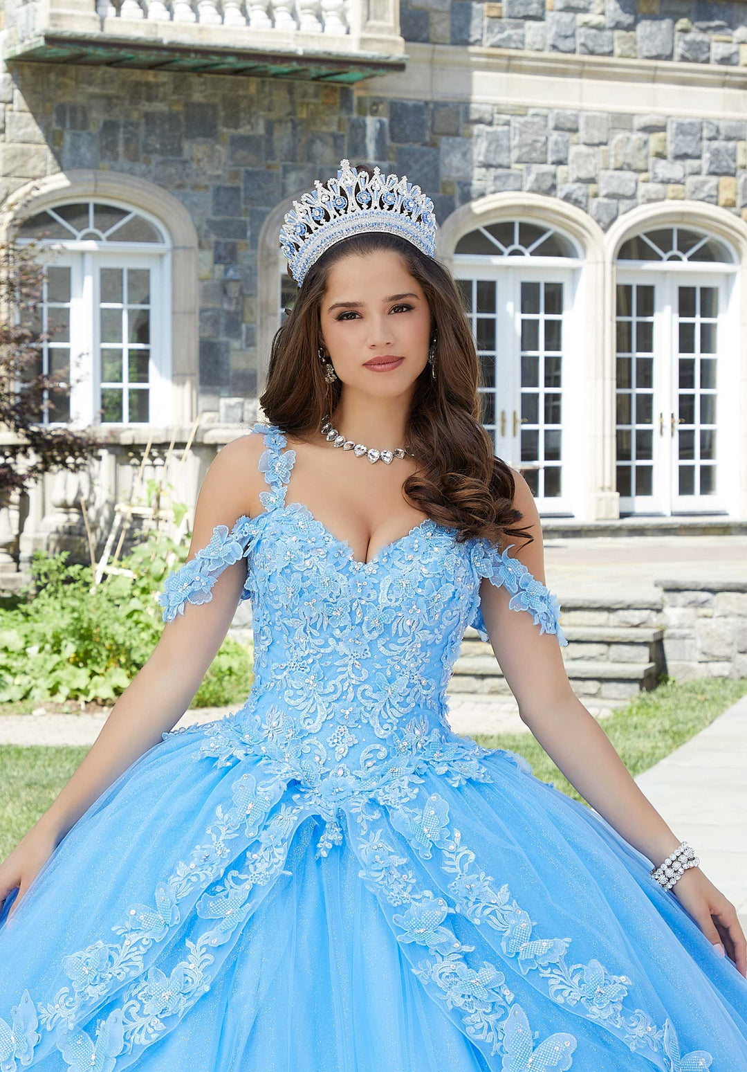 Morilee #89414 French Blue Metallic Embroidered Quinceañera Dress with Three-Dimensional Butterflies