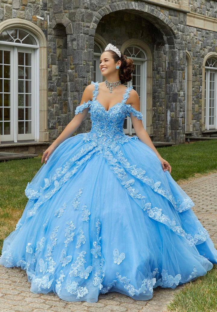 Morilee #89414 French Blue Metallic Embroidered Quinceañera Dress with Three-Dimensional Butterflies