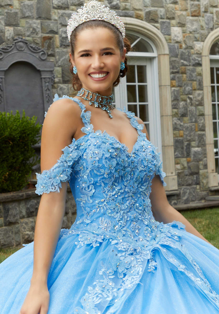 Morilee #89414 French Blue Metallic Embroidered Quinceañera Dress with Three-Dimensional Butterflies