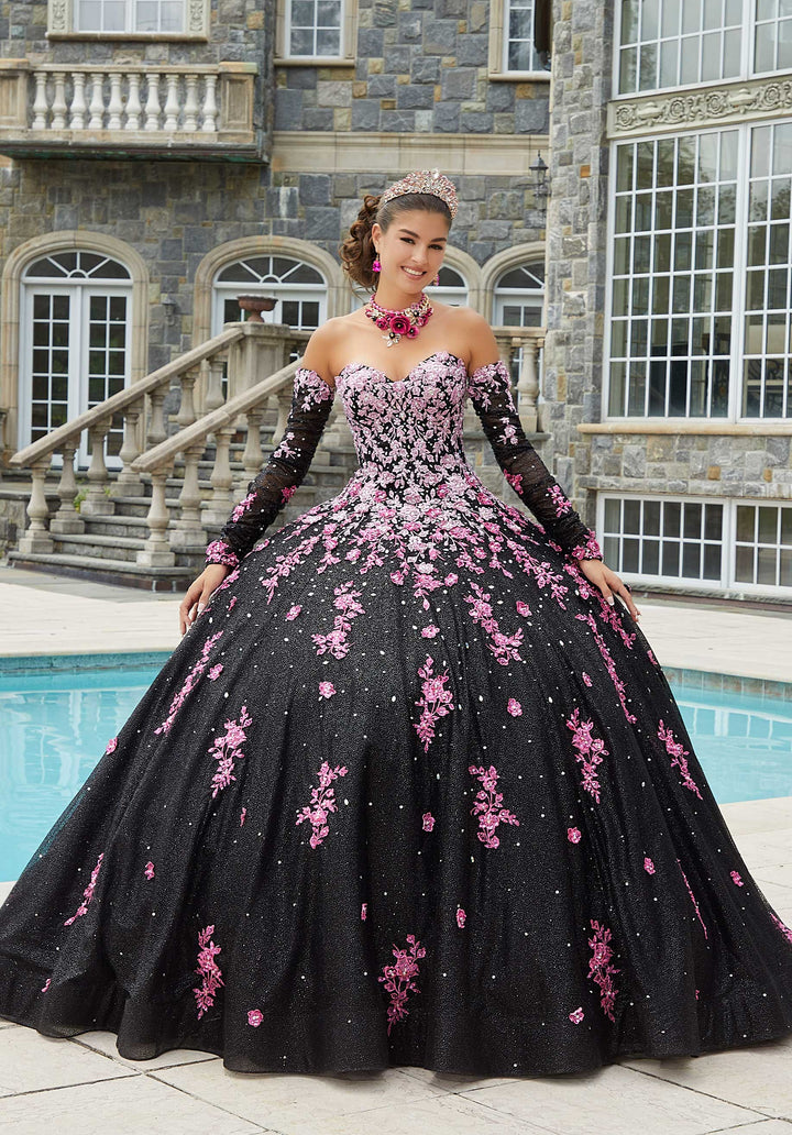 Morilee #89415 Black/Pink Contrasting Ombré Embroidered Quinceañera Dress