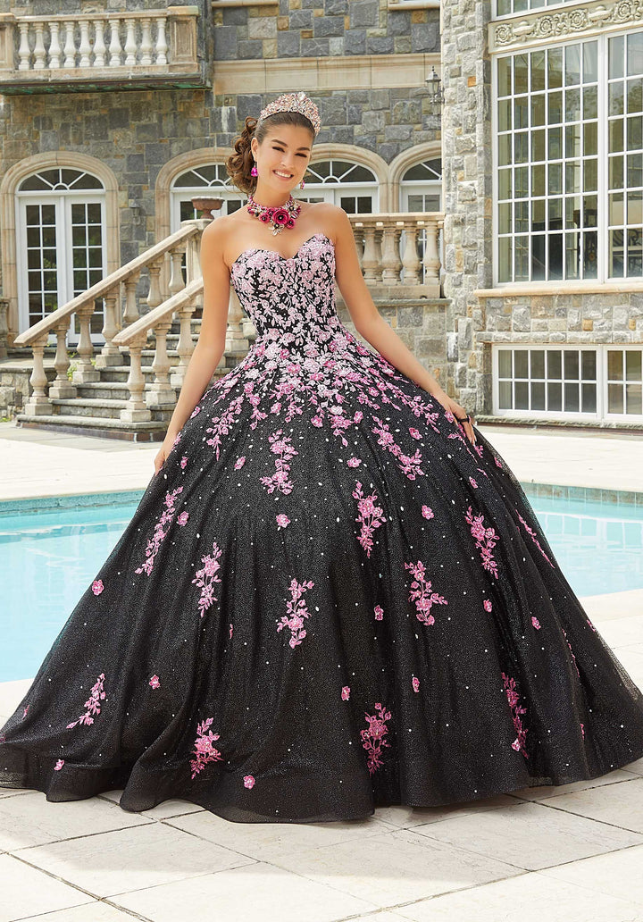 Morilee #89415 Black/Pink Contrasting Ombré Embroidered Quinceañera Dress
