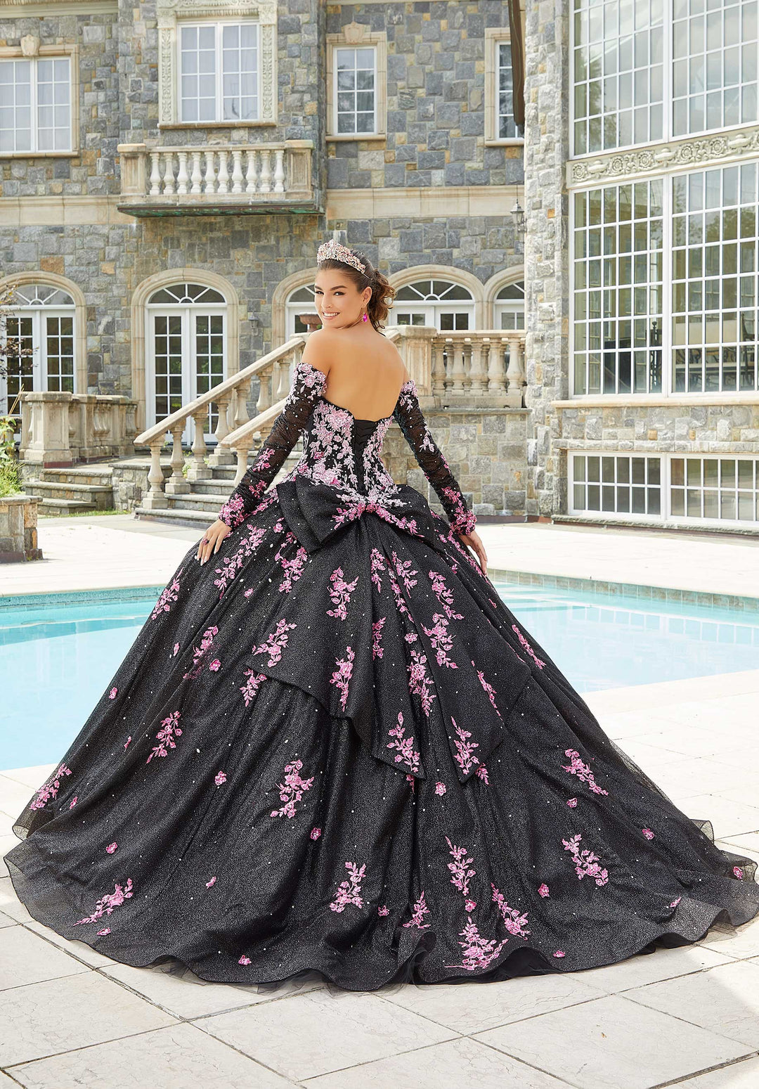 Morilee #89415 Black/Pink Contrasting Ombré Embroidered Quinceañera Dress