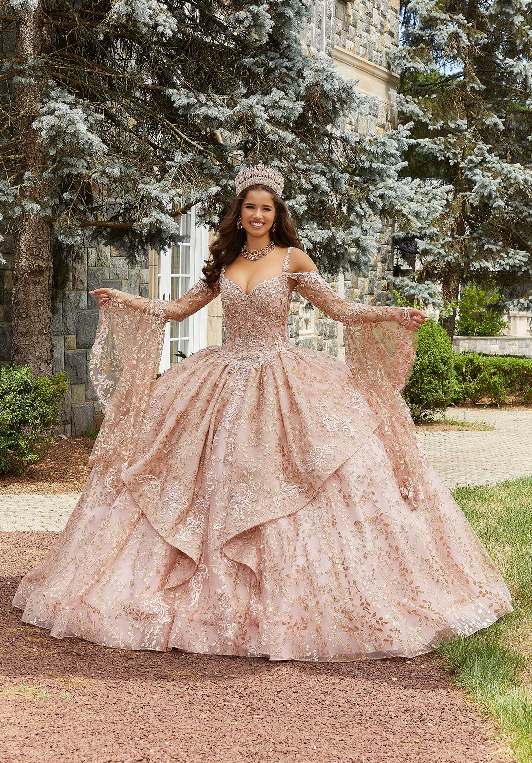 Morilee #89416 Blush/Rose Gold Rhinestone and Crystal Beaded Patterned Glitter Quineañera Dress