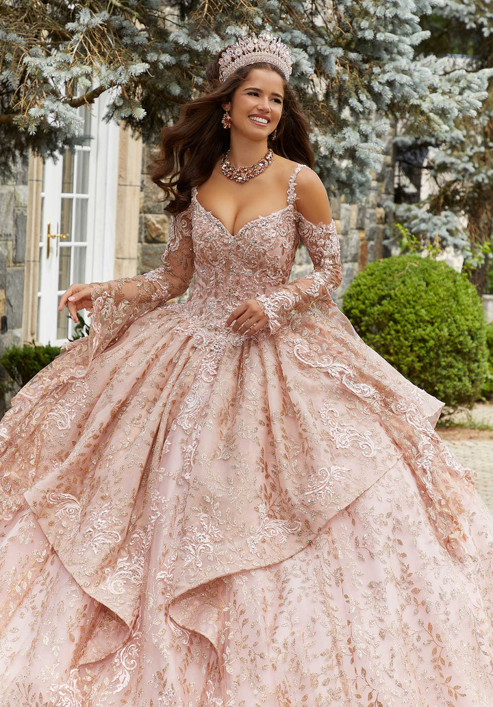 Morilee #89416 Blush/Rose Gold Rhinestone and Crystal Beaded Patterned Glitter Quineañera Dress