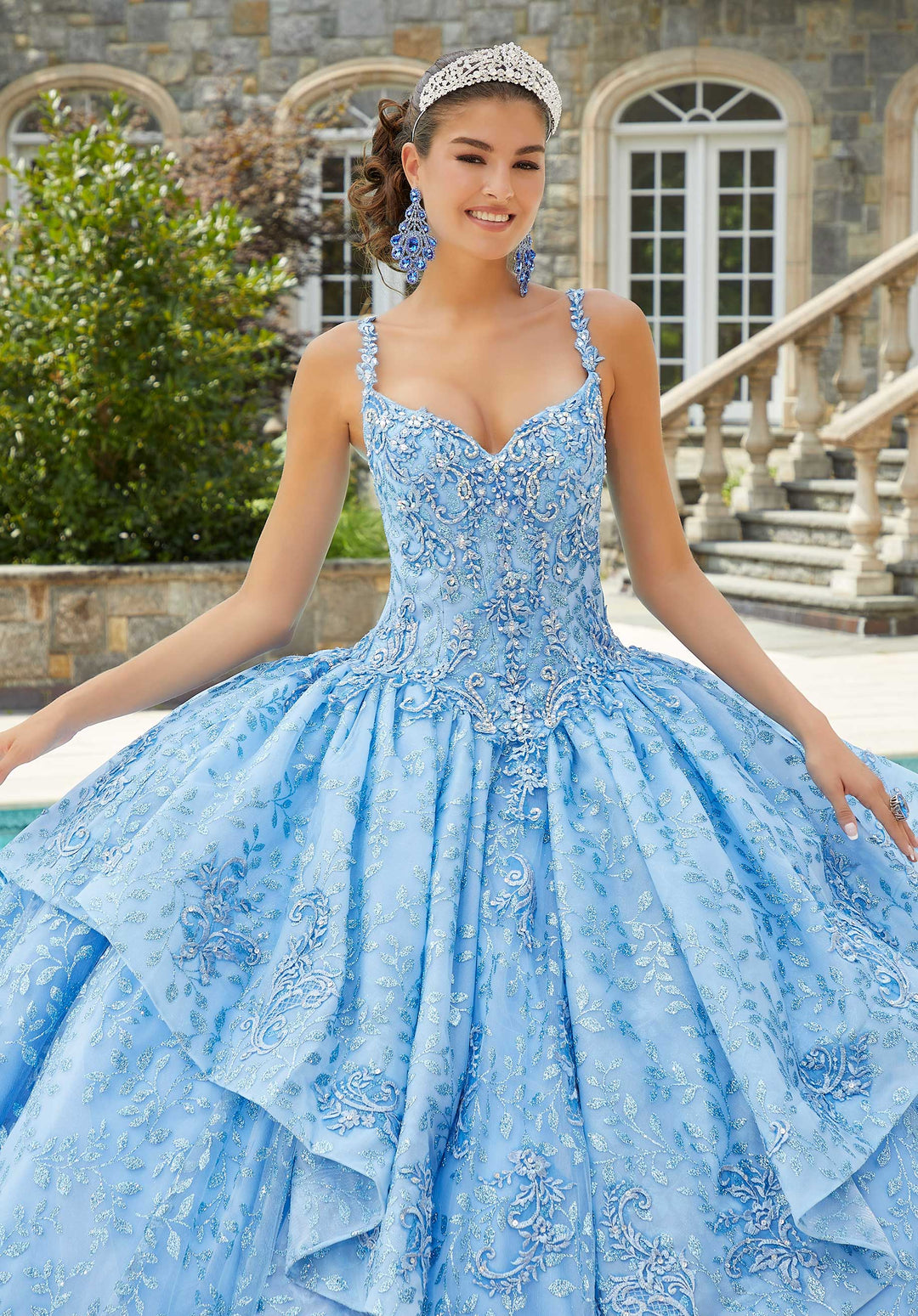 Morilee #89416 French Blue Rhinestone and Crystal Beaded Patterned Glitter Quineañera Dress