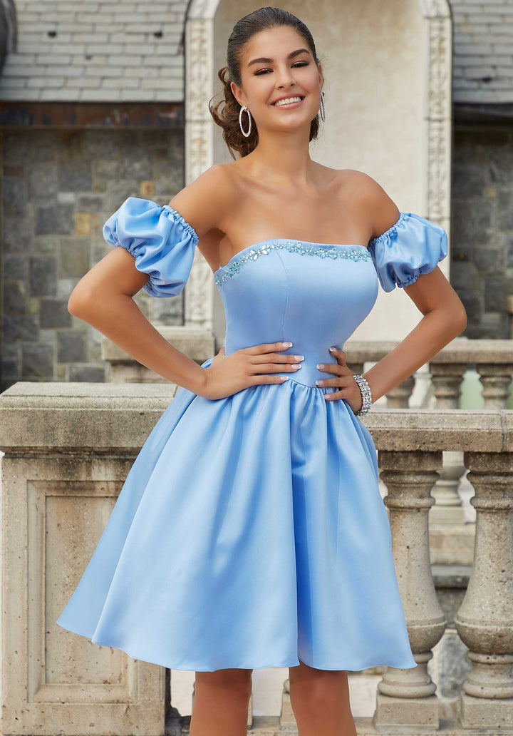 Morilee #9612 French Blue Satin Party Dress with Pouf Sleeves