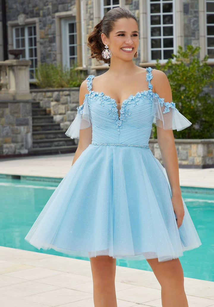 Morilee #9616 Bahama Blue Draped Tulle Party Dress with Three-Dimensional Florals
