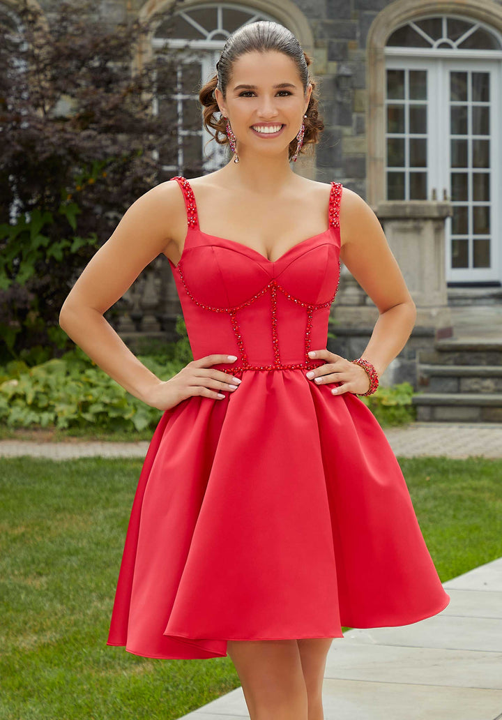 Morilee #9617 Scarlet Satin Party Dress with Beaded Trim